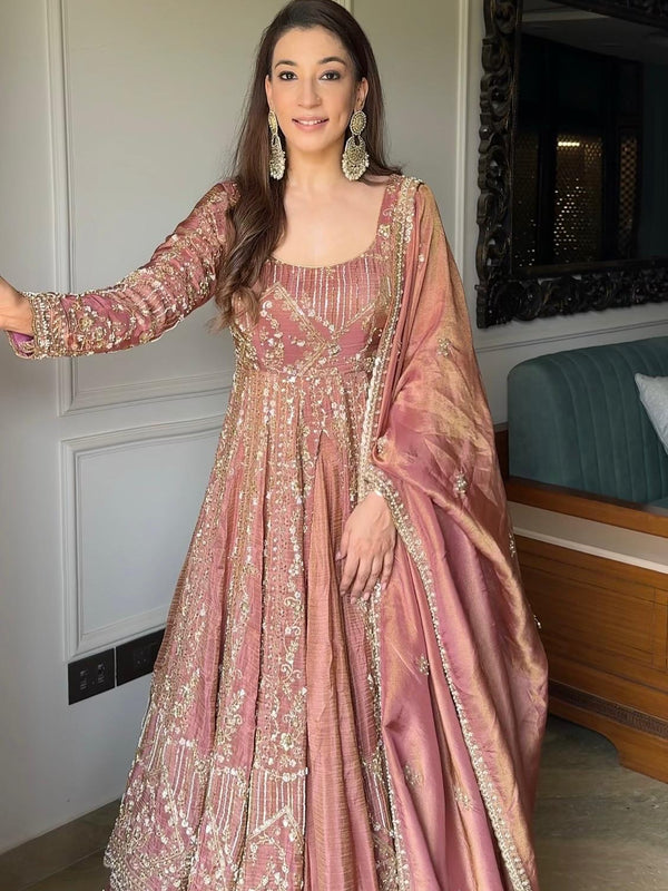 Peach Crunchy Silk Embroidered Palazzo Set