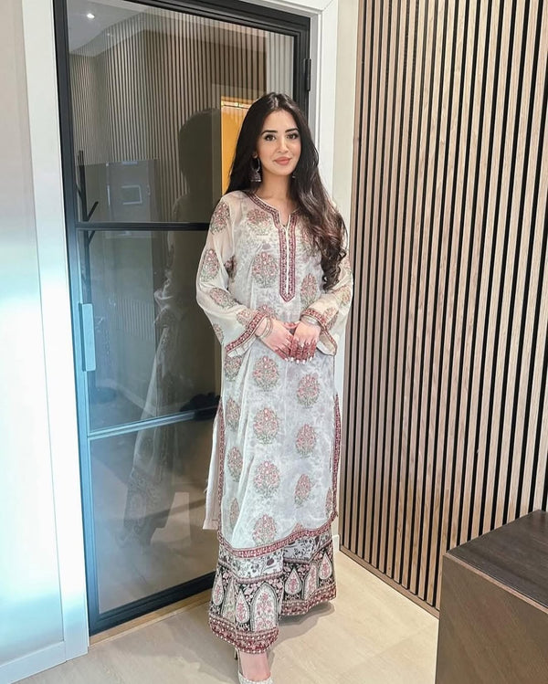 Off White Heavy Faux Georgette Top Plazzo & Dupatta Set