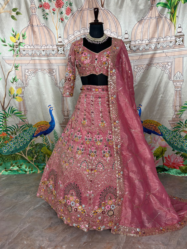 Pink & Yellow Gold Crush Embroidered Lehenga Set