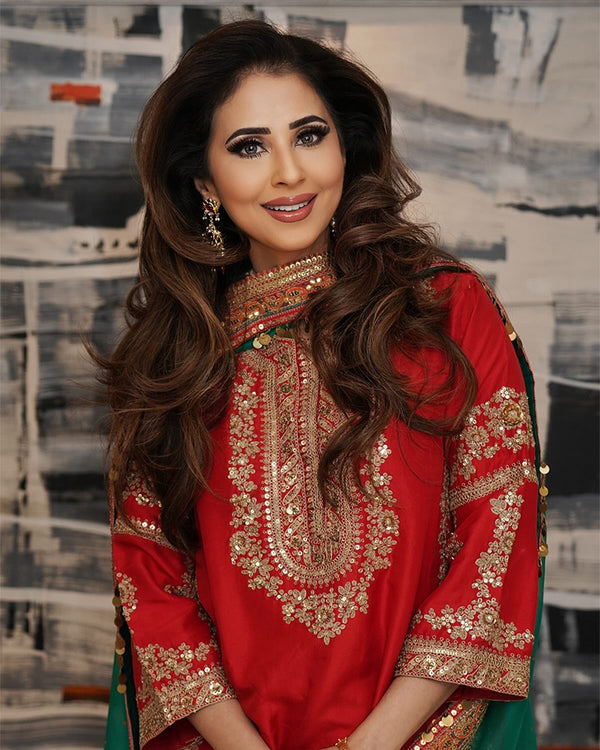Red Heavy Malay Silk Top with Farshi Salwar & Organza Dupatta