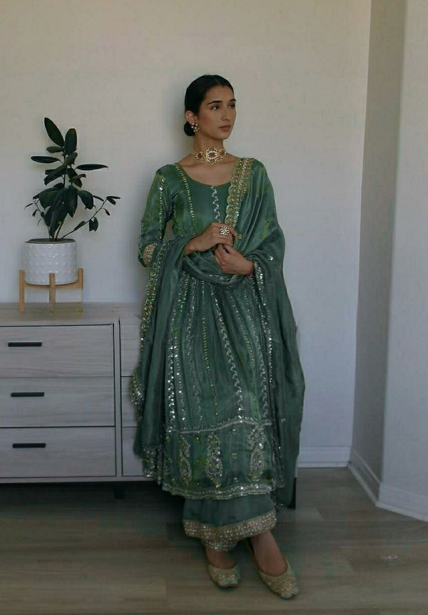 Green Natural Crepe Anarkali Suit with Pant and Dupatta
