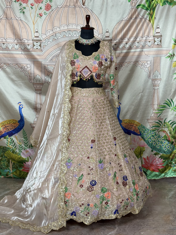 Beige Jimmy Choo Fabric Embroidered Sequins Lehenga Set