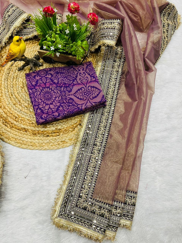 Rose Gold Soft Twill Net Saree with Jacquard Silk Blouse