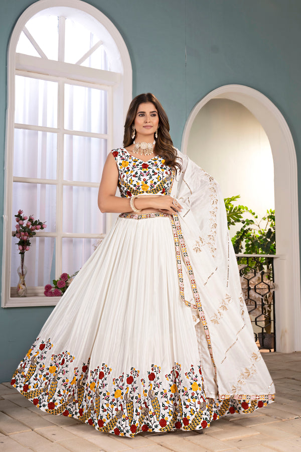 White Chinon Lehenga Choli with Embroidery Sequin Thread Work