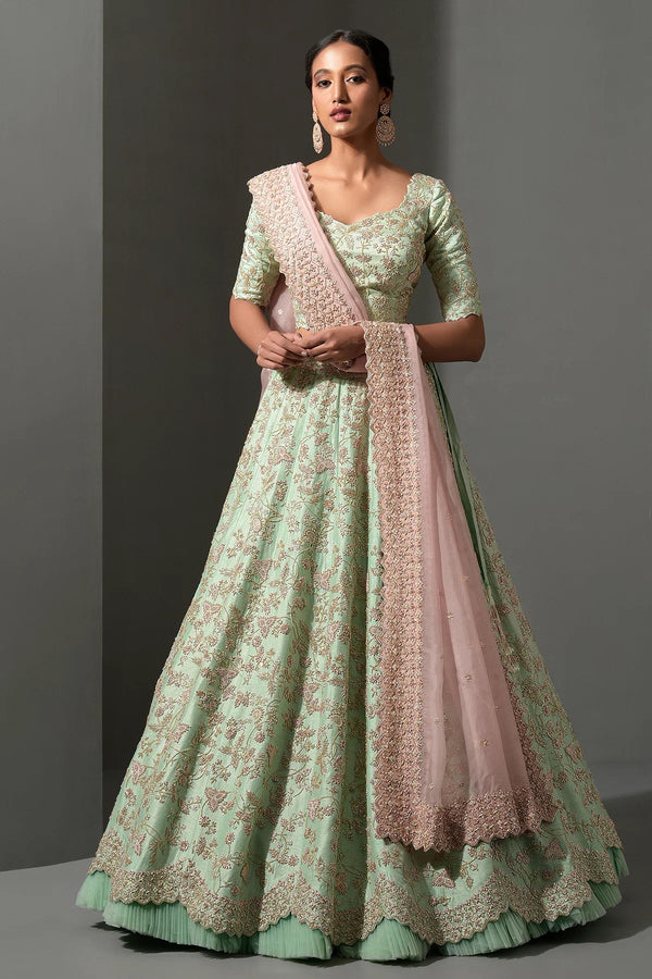 Light Green Mulberry Silk Lehenga with Blouse and Organza Dupatta