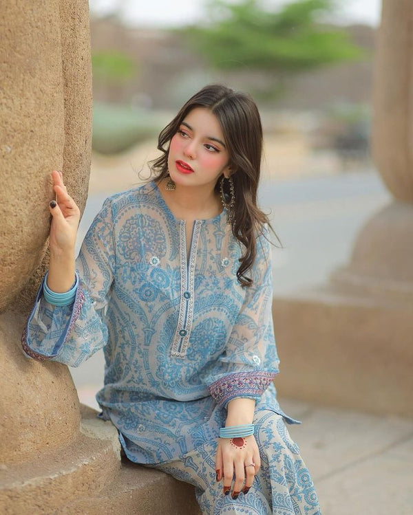 Blue Pure Chiffon Georgette Top & Farshi Palazzo with Dupatta