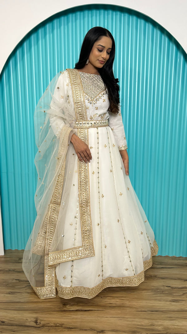 White Georgette Gown with Sequins, Zari & Dori Work and Net Dupatta