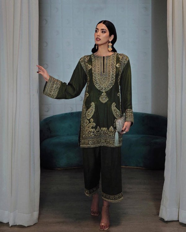 Green Heavy Chinon Embroidery Sequin Work Top with Palazzo Set