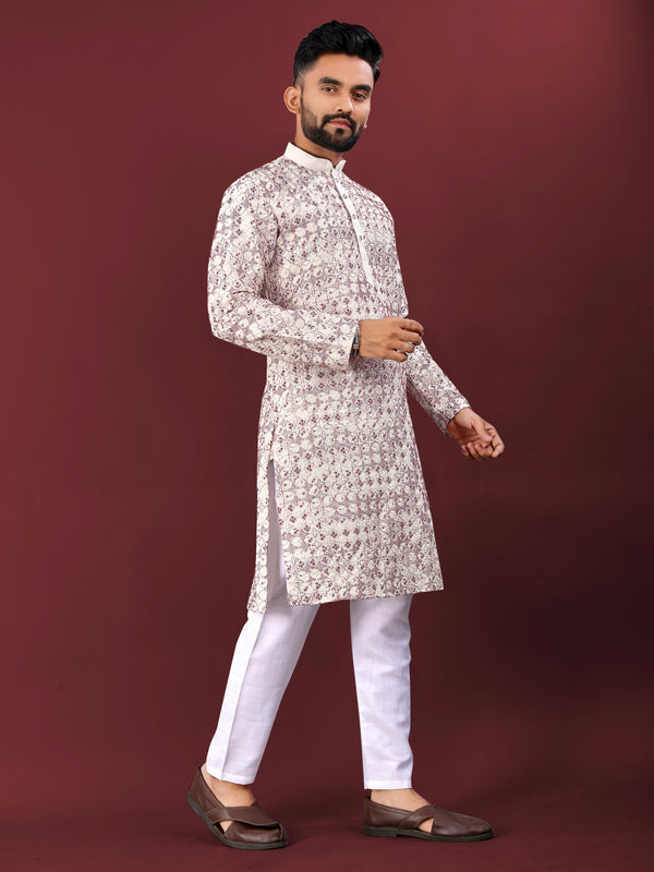Silky Silk Men's Kurta Pyjama with Lucknowi Embroidery