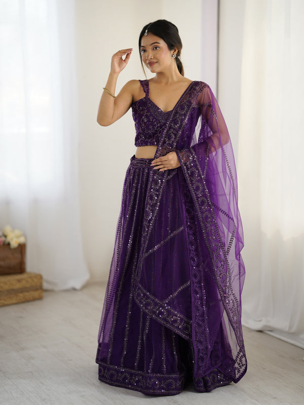 Purple Net Lehenga with Sequins & Dori Work