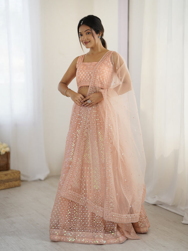Peach Net Lehenga with Rainbow Sequins & Dori Work