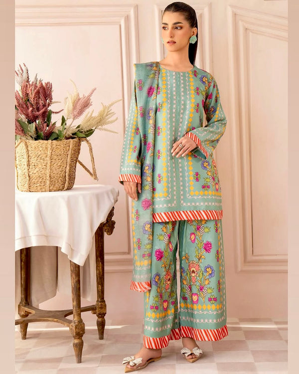 Green & White Pure Natural Crepe Top & Palazzo Co-ords Set