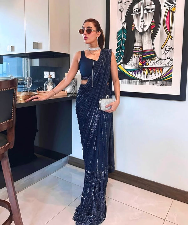 Blue Georgette Saree with Sequins & Thread Work