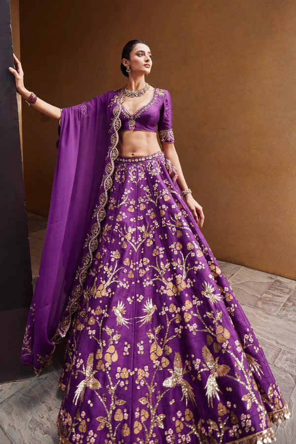 Purple Heavy Thai Silk Lehenga Set with Sequins, Zari & Dori Work