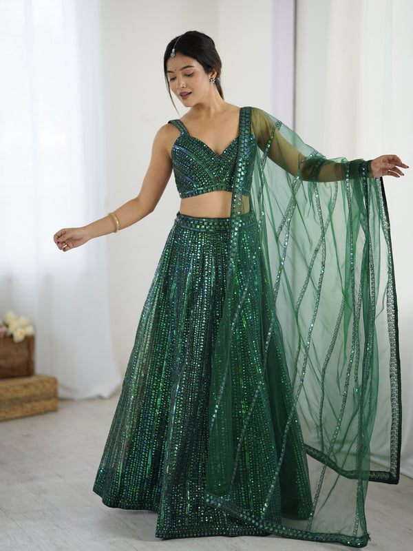 Green Net Lehenga with Rainbow Sequins & Dori Work