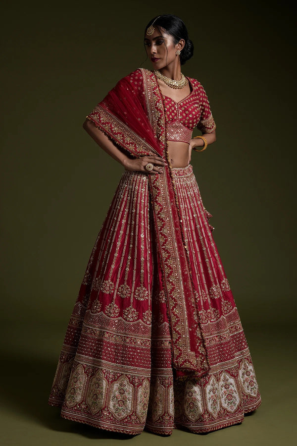Red Rangoon Silk Sequin & Dori Embroidered Lehenga Set - Tiamgee