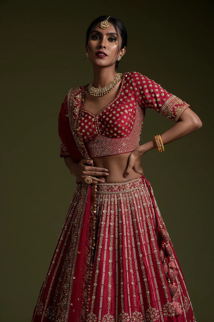 Red Rangoon Silk Sequin & Dori Embroidered Lehenga Set - Tiamgee