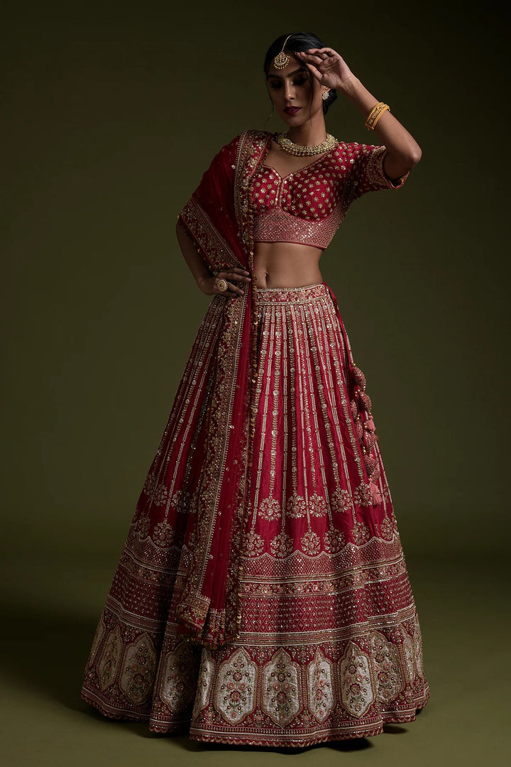 Red Rangoon Silk Sequin & Dori Embroidered Lehenga Set - Tiamgee