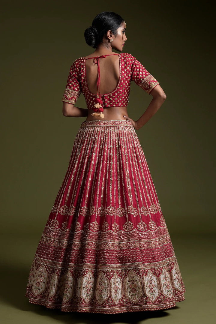 Red Rangoon Silk Sequin & Dori Embroidered Lehenga Set - Tiamgee