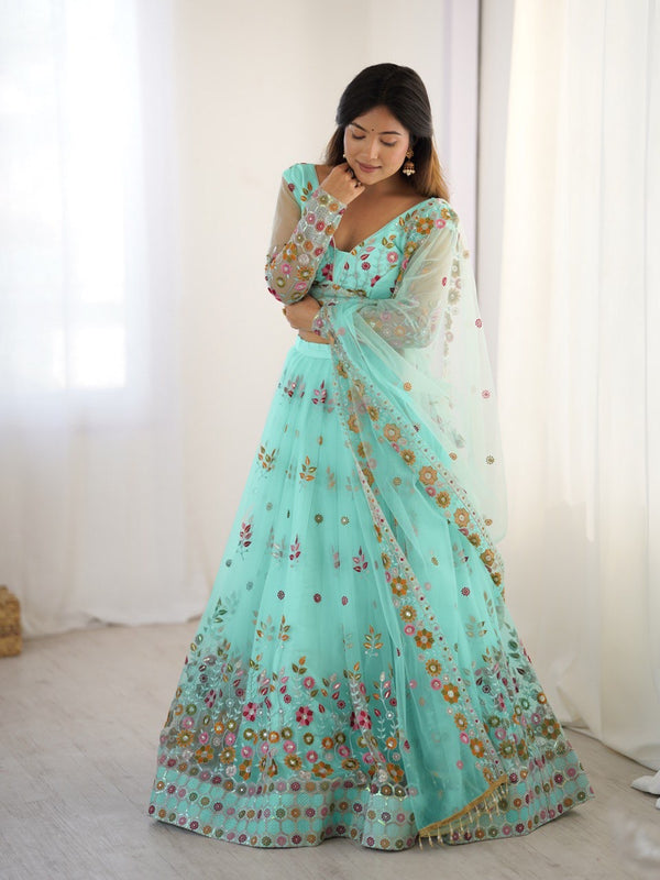 Light Blue & Light Purple Soft Net Embroidered Lehenga Choli Set with Dupatta