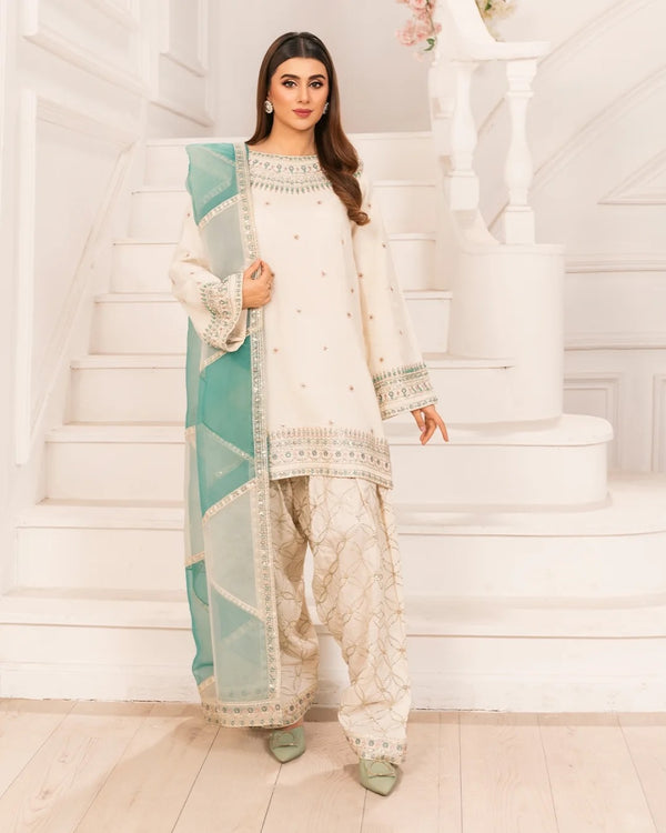 White Pure Natural Crepe Top & Farshi Palazzo With Dupatta Set