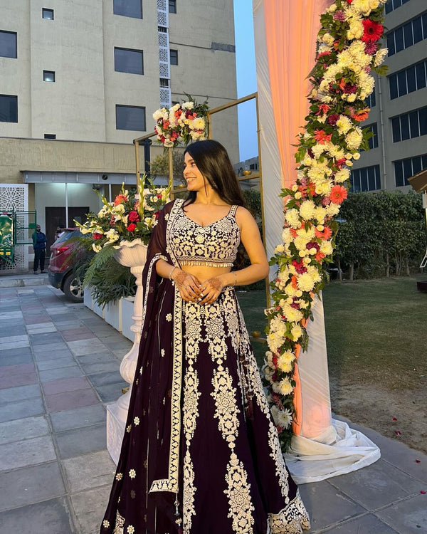 Dark Violet Kasturi Silk Lehenga with Thread & Sequins Work