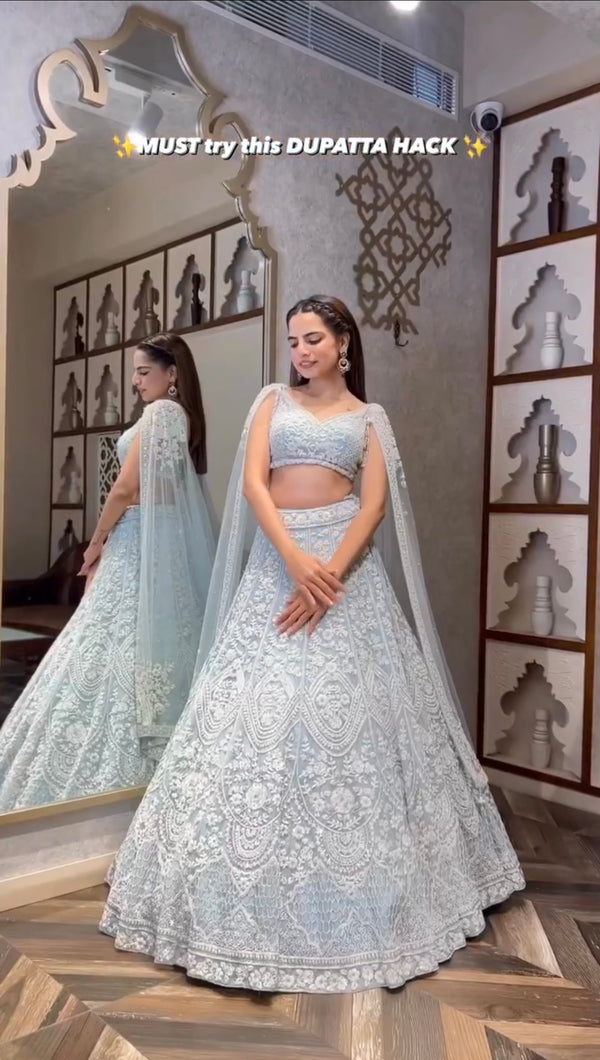 Sky Blue Net Lehenga Choli Set with Sequins & Thread Work