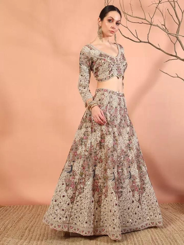 Off White Soft Net Lehenga Choli with Sequins Embroidery & Dupatta