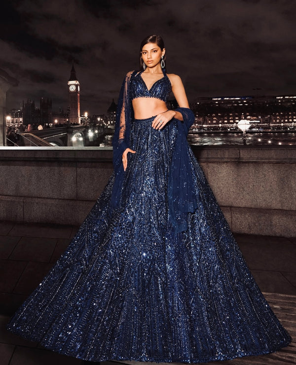 Dark Blue Net Lehenga with Sequins & Dori Work, Blouse, and Dupatta