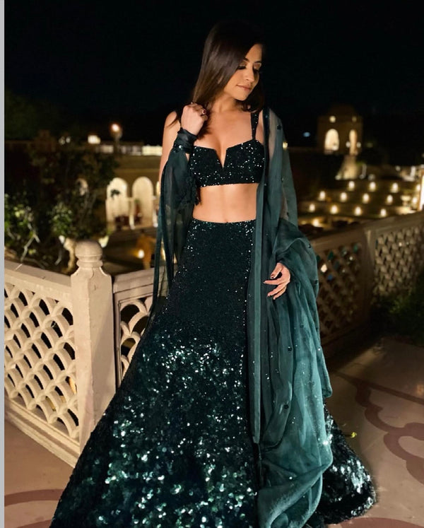 Dark Green Heavy Sequin Georgette Lehenga Set with Organza Dupatta