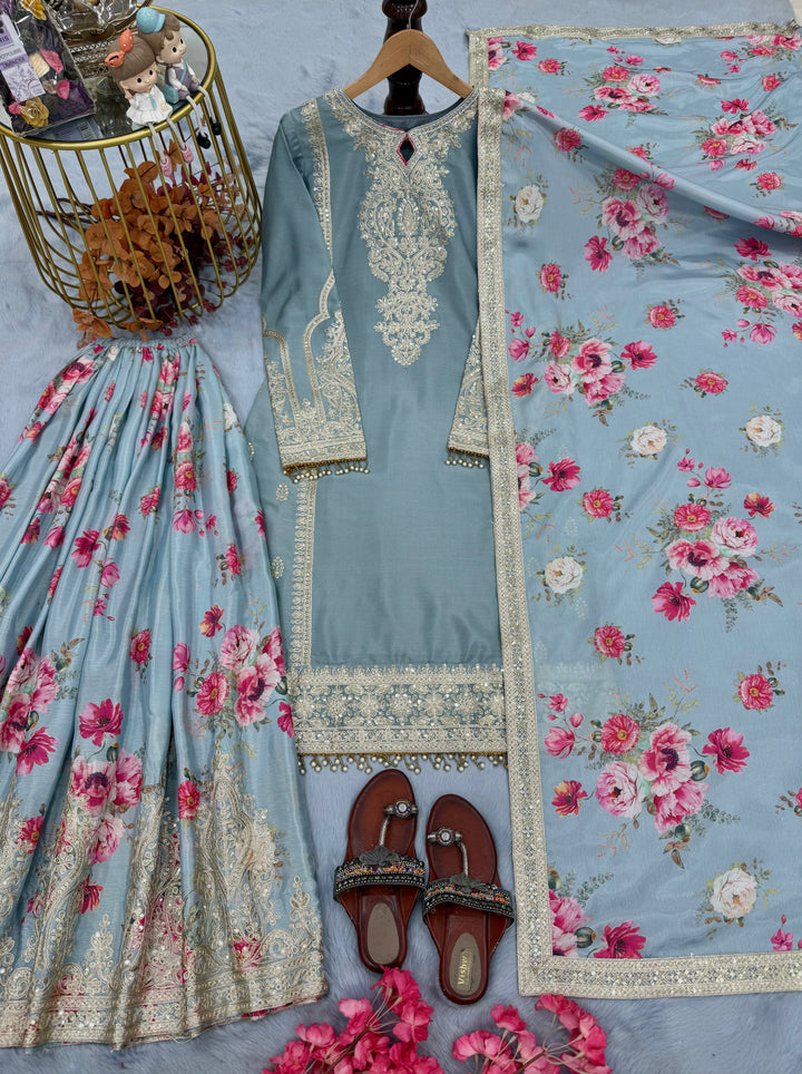 Cyan Blue Pure Chinon Silk Embroidered Palazzo Set with Dupatta - Tiamgee