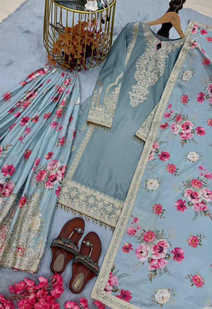 Cyan Blue Pure Chinon Silk Embroidered Palazzo Set with Dupatta - Tiamgee
