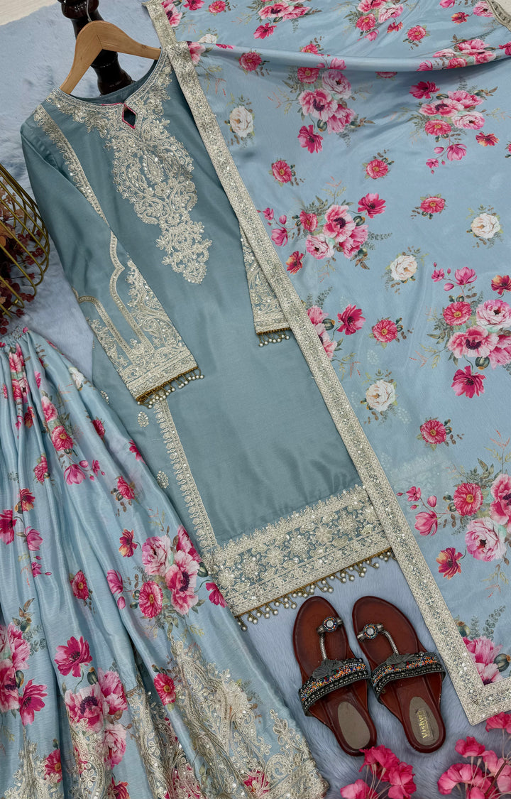 Cyan Blue Pure Chinon Silk Embroidered Palazzo Set with Dupatta - Tiamgee