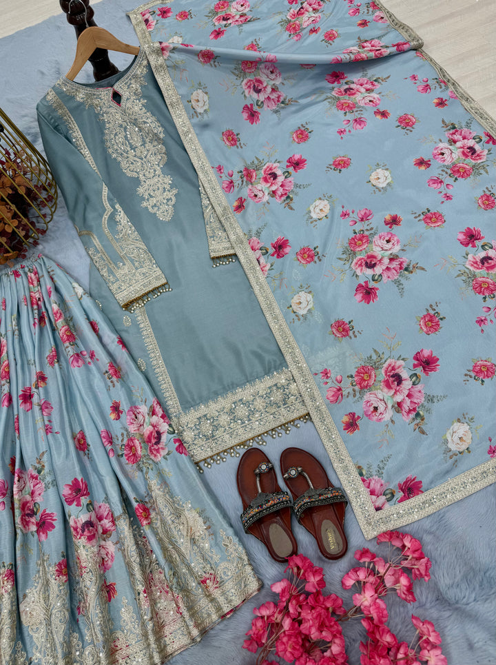 Cyan Blue Pure Chinon Silk Embroidered Palazzo Set with Dupatta - Tiamgee