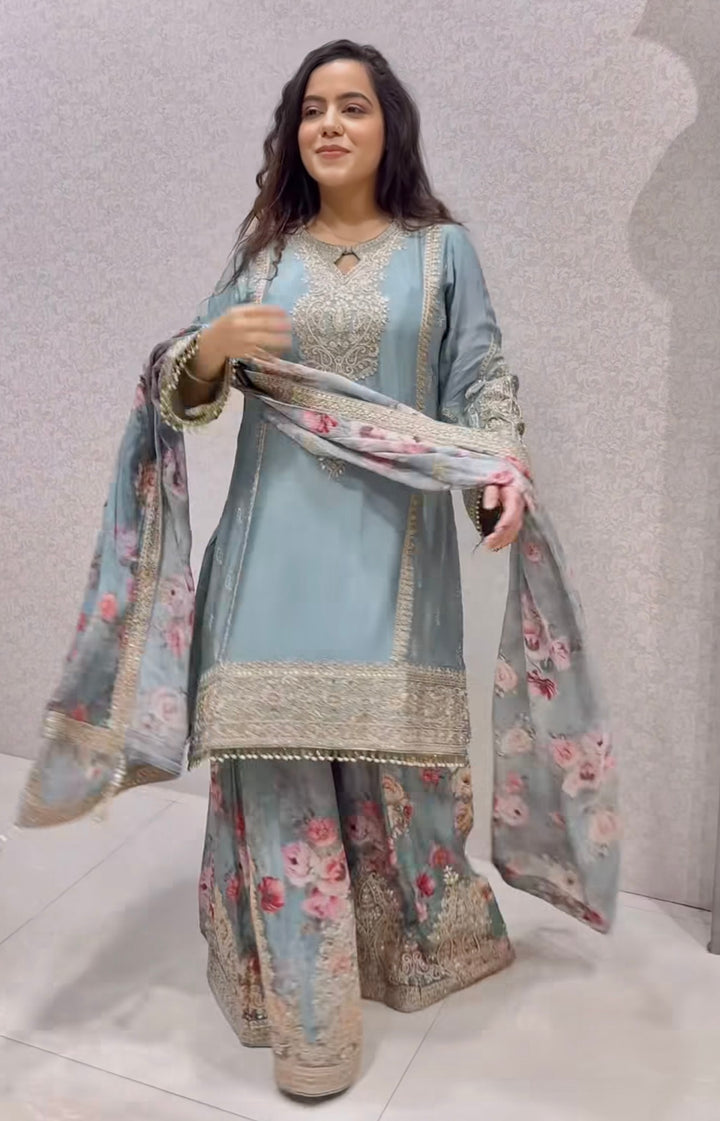 Cyan Blue Pure Chinon Silk Embroidered Palazzo Set with Dupatta - Tiamgee