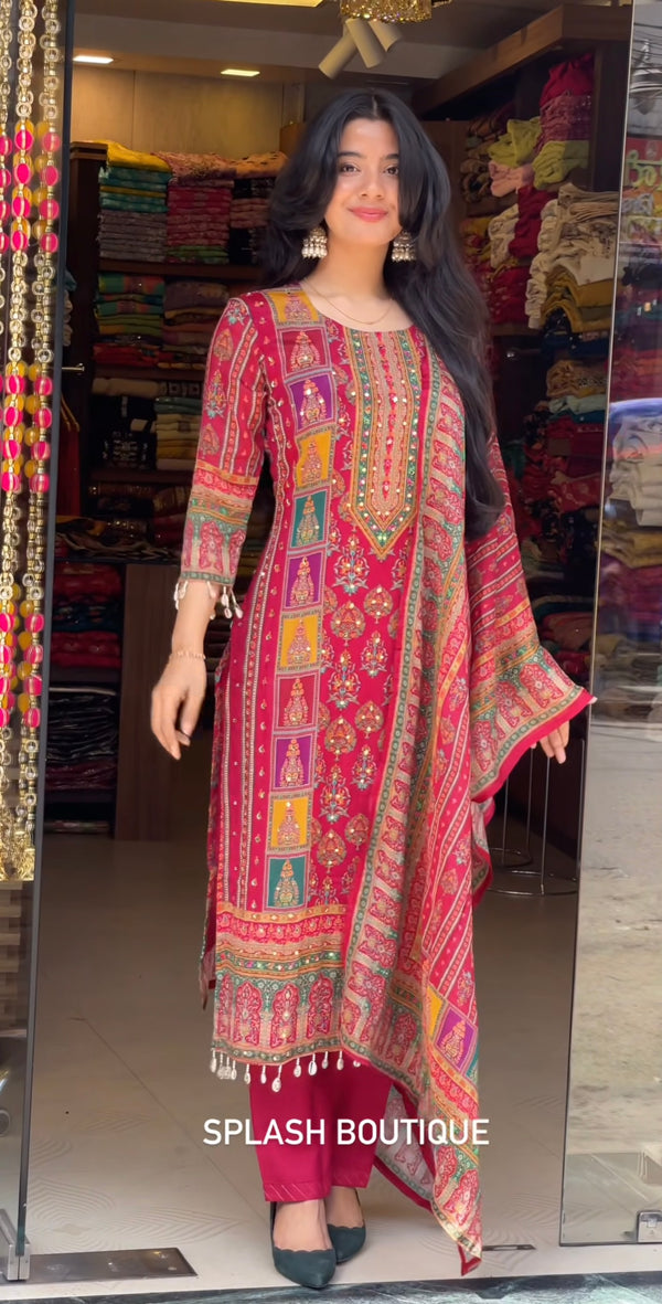 Pink Maska Cotton Digital Print Suit Set with Real Hand Mirror Work & Dupatta