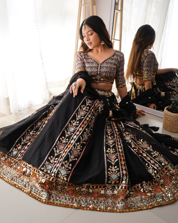 Black Faux Georgette Embroidered Lehenga Choli Set with Dupatta