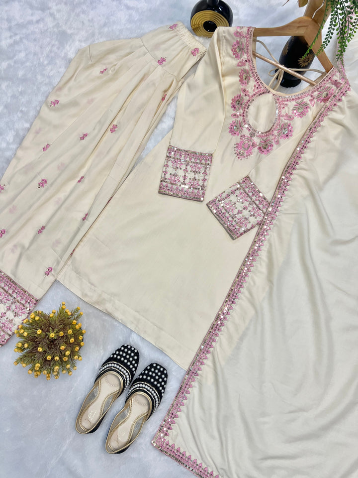 Beige Rayon Cotton Silk Top with Farshi Salwar and Dupatta - Tiamgee