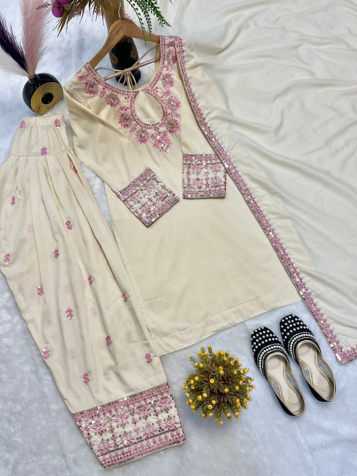 Beige Rayon Cotton Silk Top with Farshi Salwar and Dupatta - Tiamgee