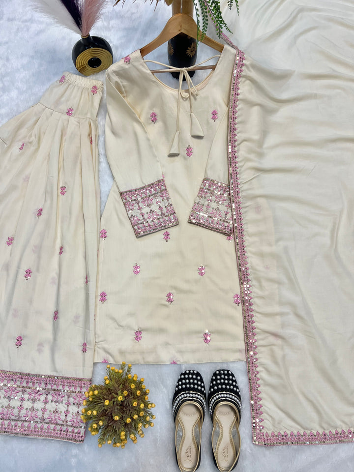 Beige Rayon Cotton Silk Top with Farshi Salwar and Dupatta - Tiamgee