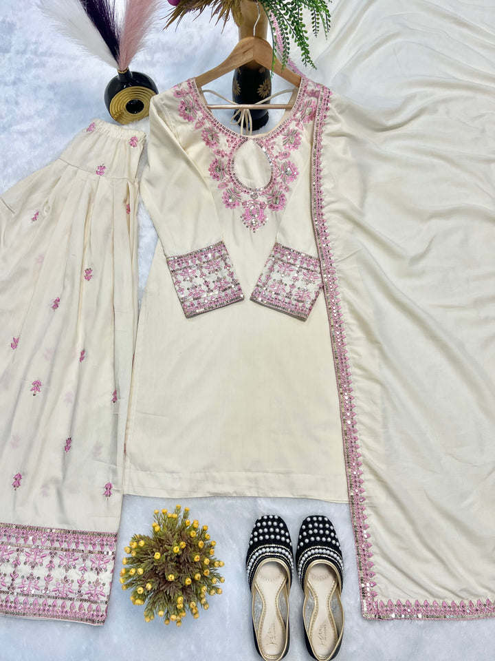 Beige Rayon Cotton Silk Top with Farshi Salwar and Dupatta - Tiamgee