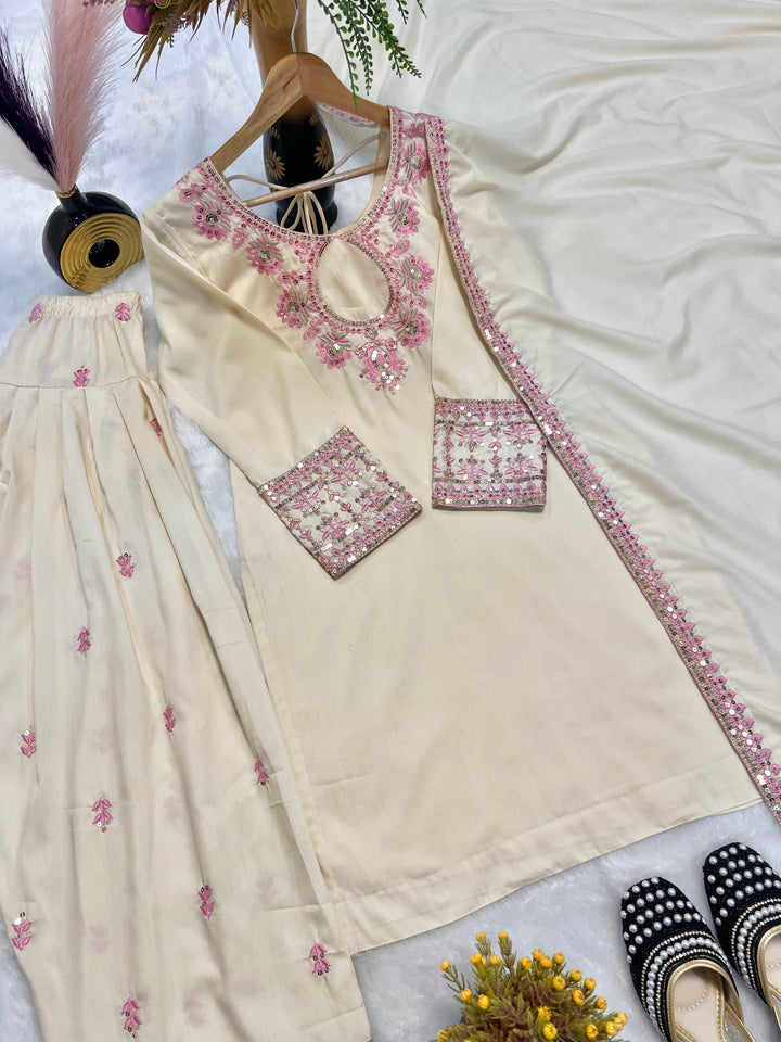 Beige Rayon Cotton Silk Top with Farshi Salwar and Dupatta - Tiamgee