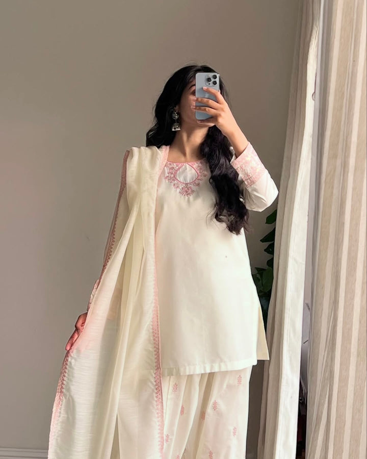 Beige Rayon Cotton Silk Top with Farshi Salwar and Dupatta - Tiamgee