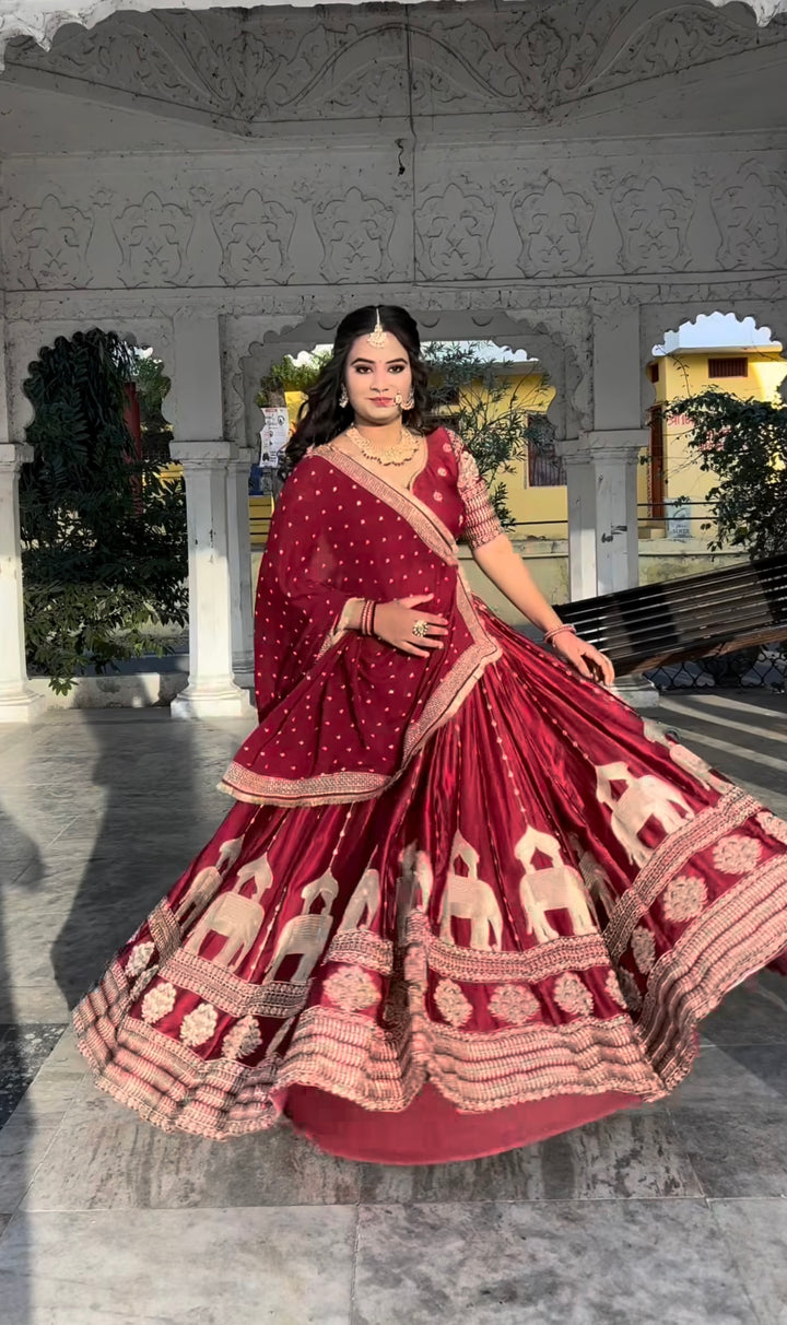 Dark Green & Maroon Heavy Chinon Silk Embroidered Lehenga Choli - Tiamgee