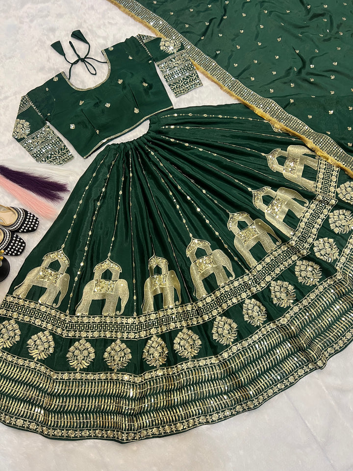 Dark Green & Maroon Heavy Chinon Silk Embroidered Lehenga Choli - Tiamgee
