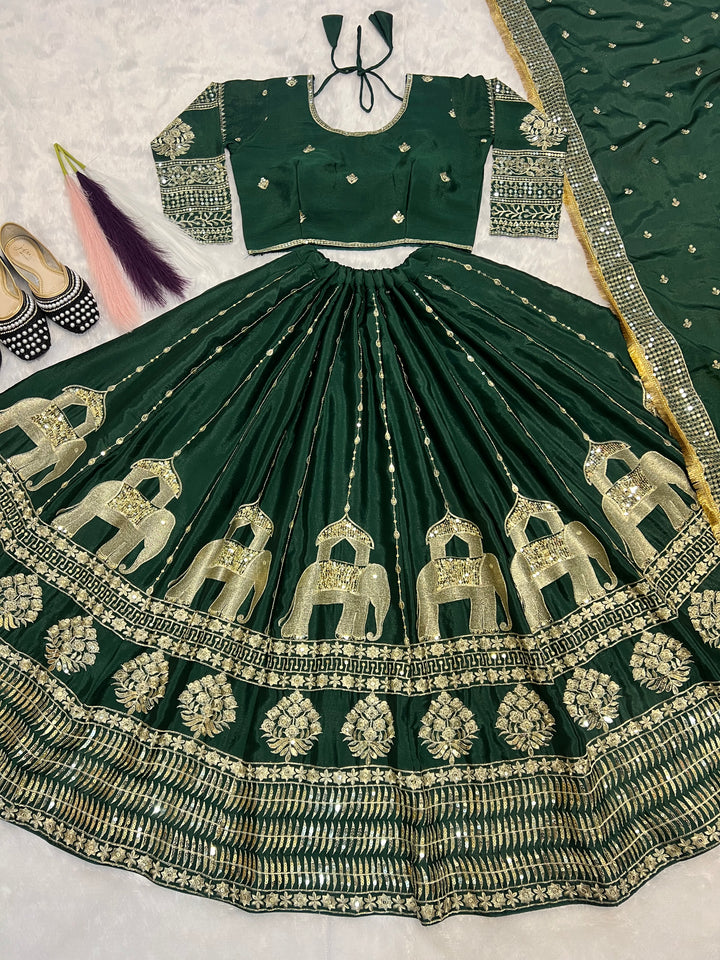 Dark Green & Maroon Heavy Chinon Silk Embroidered Lehenga Choli - Tiamgee