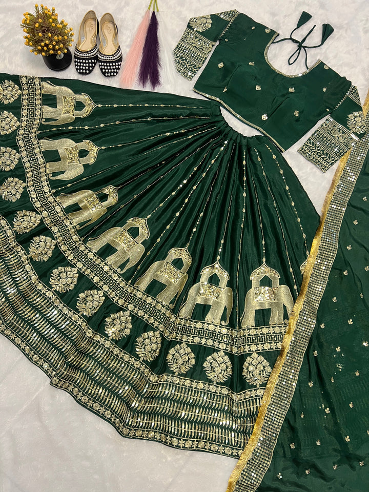 Dark Green & Maroon Heavy Chinon Silk Embroidered Lehenga Choli - Tiamgee