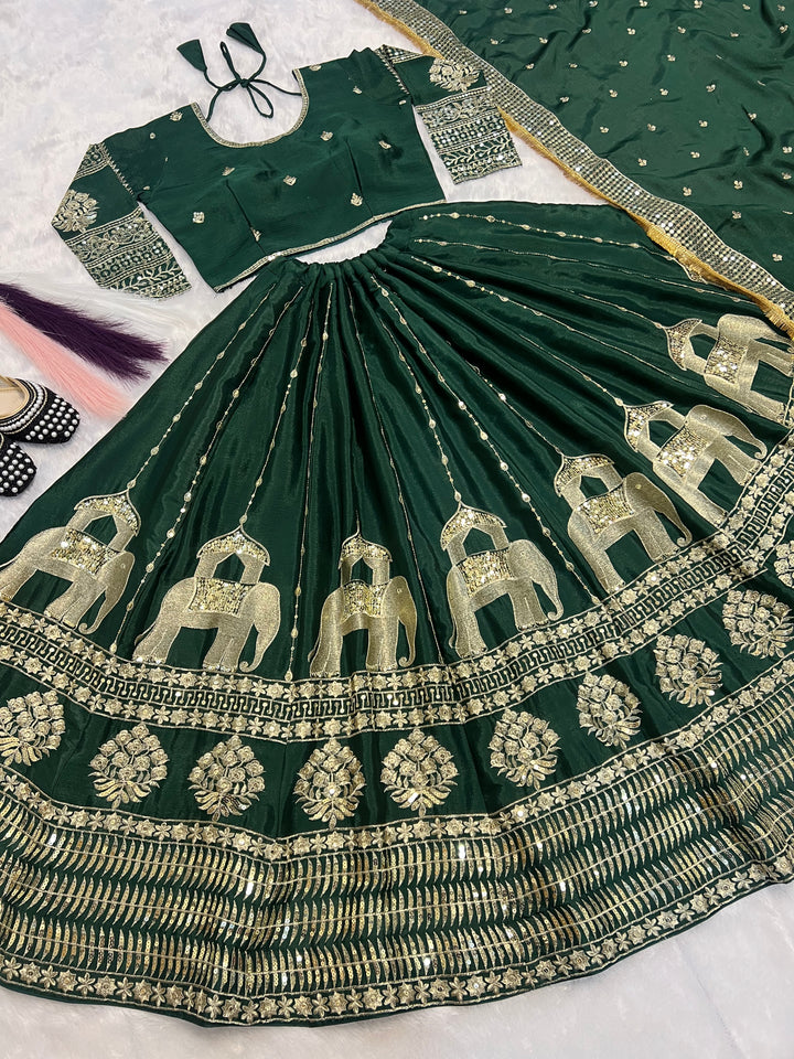 Dark Green & Maroon Heavy Chinon Silk Embroidered Lehenga Choli - Tiamgee