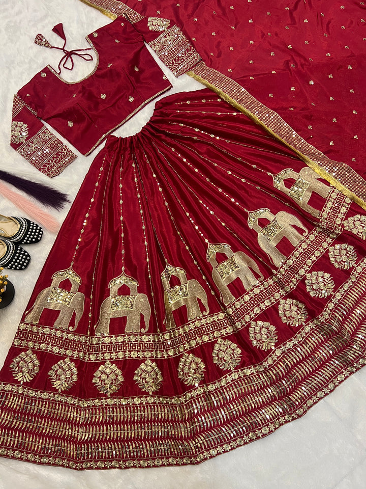 Dark Green & Maroon Heavy Chinon Silk Embroidered Lehenga Choli - Tiamgee