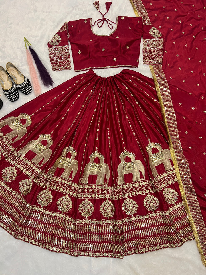 Dark Green & Maroon Heavy Chinon Silk Embroidered Lehenga Choli - Tiamgee